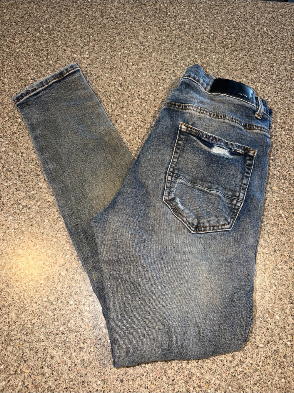 AMIRI MX1 Calf Ribbed Leather Moto Faded Blue Slim Men's Jeans